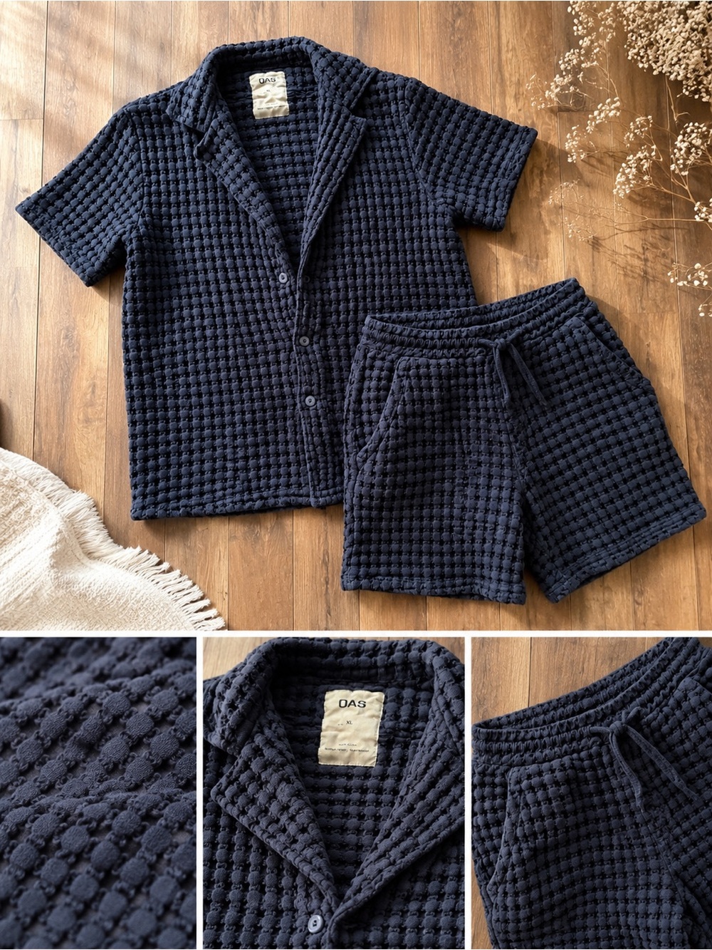 OAS Navy Textured Short Set - Button Shirt & Drawstring Shorts